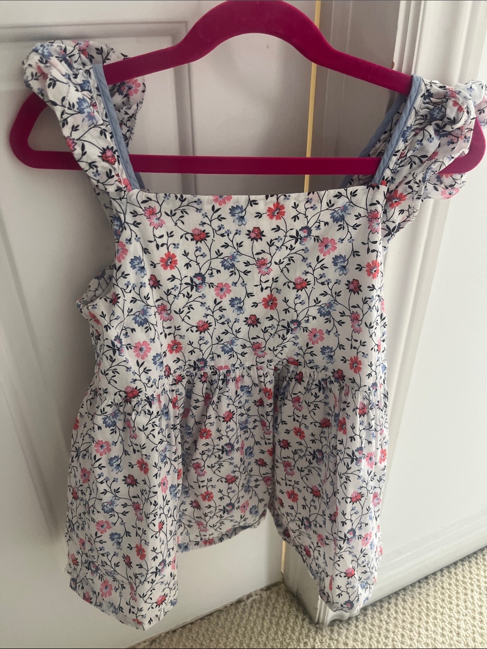 GAP White Floral Ruffle Strap Tank Top - Pink & Blue Flowers